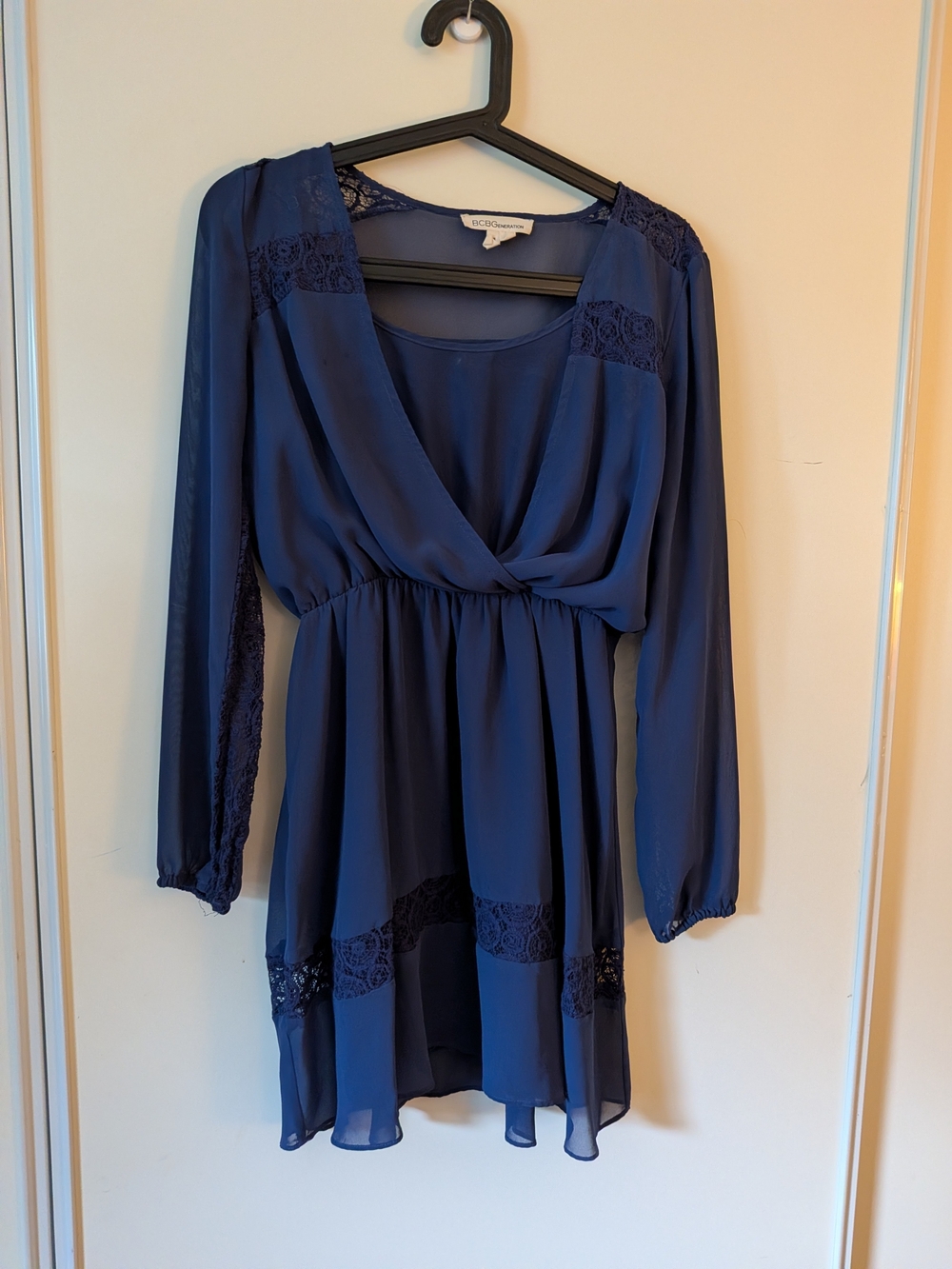 BCBGeneration Navy Long Sleeve Lace-Trim Surplice Dress